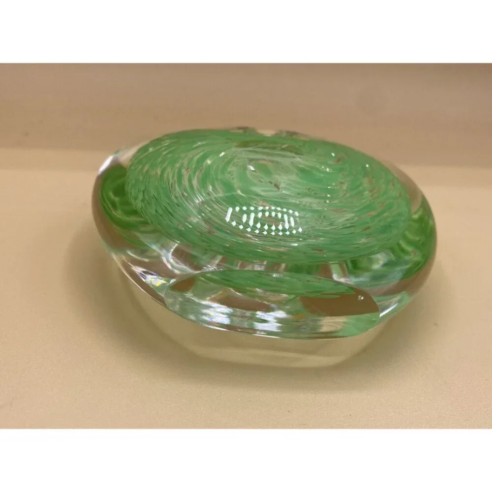 Art Glass Heart Bud Vase 3” Paperweight Sommerso Green Swirl Clear